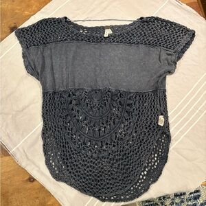 Free People Navy Blue Crochet Short Sleeve Cover Up Top Shirt XS Boho